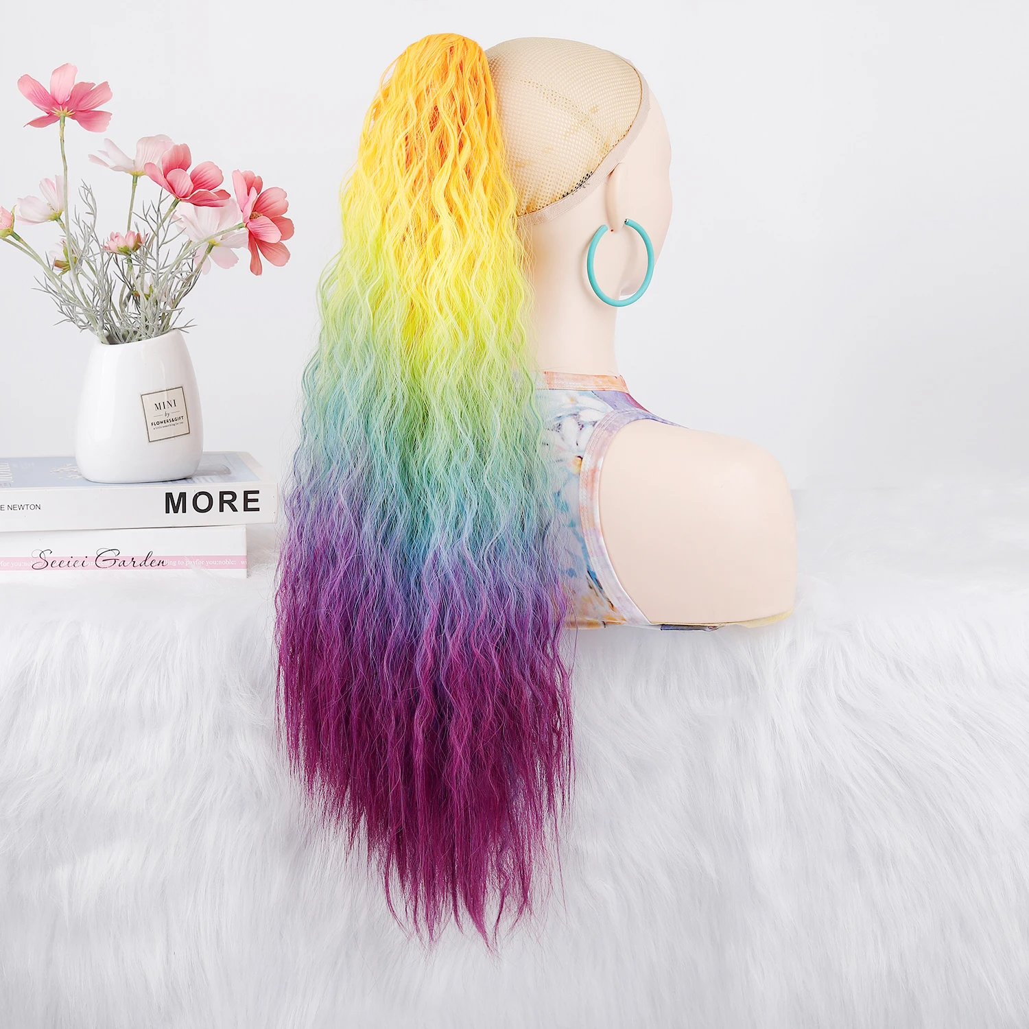 Doczepiany kucyk Jeedou, długie kręcone włosy, tęczowy ombre, klips, syntetyczne włosy, peruka do cosplayu, dodatkowy ogon dla większego objętości.