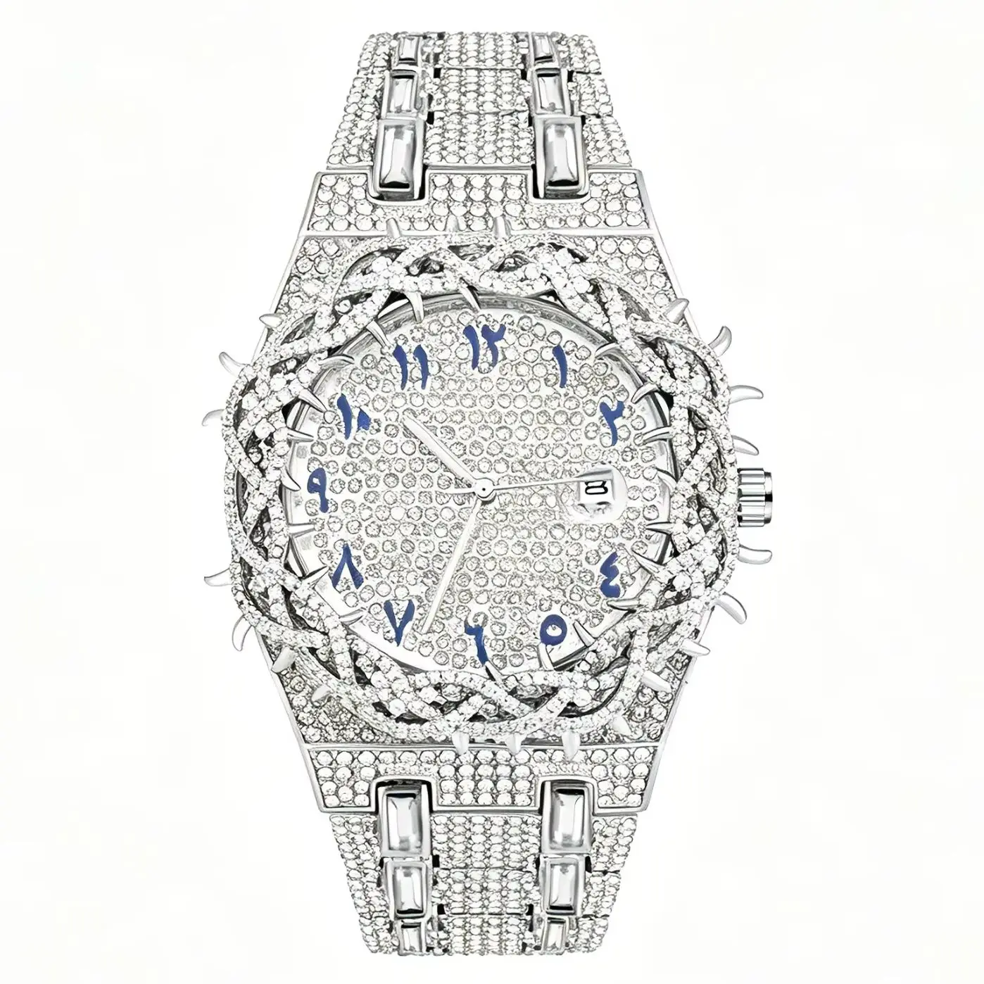 Luxury Crystal Rhinestone Watch for Men Iced Out Bling Quartz Wristwatch Unique Thorns Frame Design Arabic Numerals Dial Clock