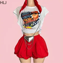 HLJ White Fashion Y2K Side Slit Top Streetwear Women Round Neck Sleeveless Tshirt And Puffy Shorts Two Piece Sets Outfits 2024