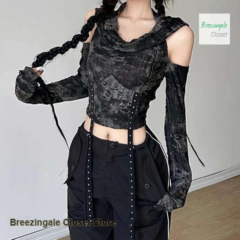 

French Jazz Wasteland Short Long Sleeve T-shirt Women's Spring and Summer Black Sexy Off-the-shoulder Vest Casual Spice Top