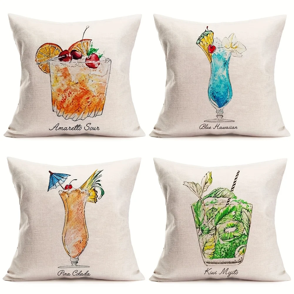 4pcs Watercolor cocktail theme Single-sided printing Short plush Suitable living rooms bedrooms sofas (excluding pillow cores)