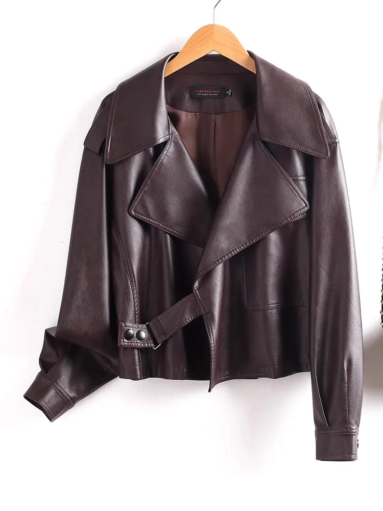 Nowe Kobiety Luźne Skóra dwoinowa Kurtka Wiosna Jesień Moda Szerokie klapy Długi rękaw Skórzany płaszcz Casual Krótki płaszcz Kobiety