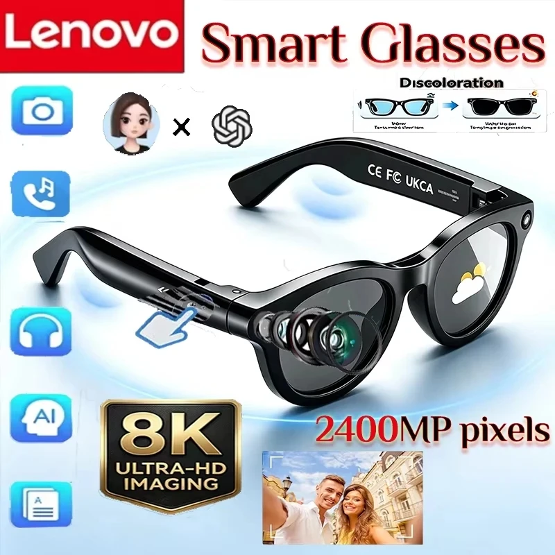 Lenovo For Xiaomi 8K Smart AI Glasses 2400MP Translation Bluetooth Conversation Recording Listening Music Insert Card Sunglasses