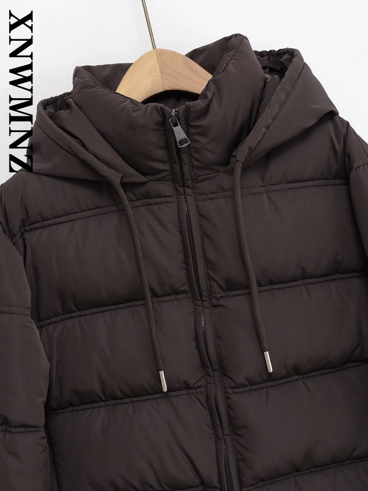 XNWMNZ 2025 الخريف بسيط التنقل مقنعين طوق معطف طويل الأكمام Vintage الشتاء عادية النساء الملابس البني موضة ملابس خارجية #3