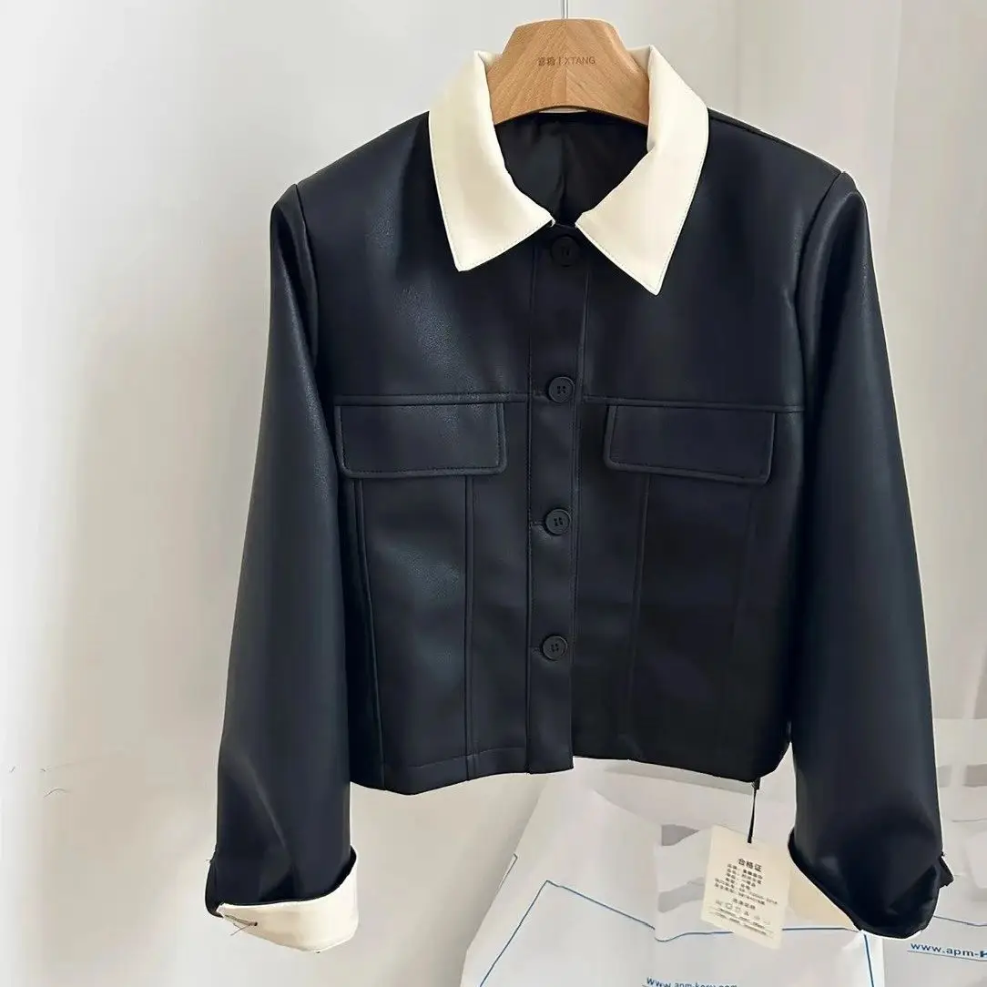 ファッションカラーコントラスト女性ショート Pu レザージャケット春秋ターンダウン襟シングルブレストコート女性のシックなアウター