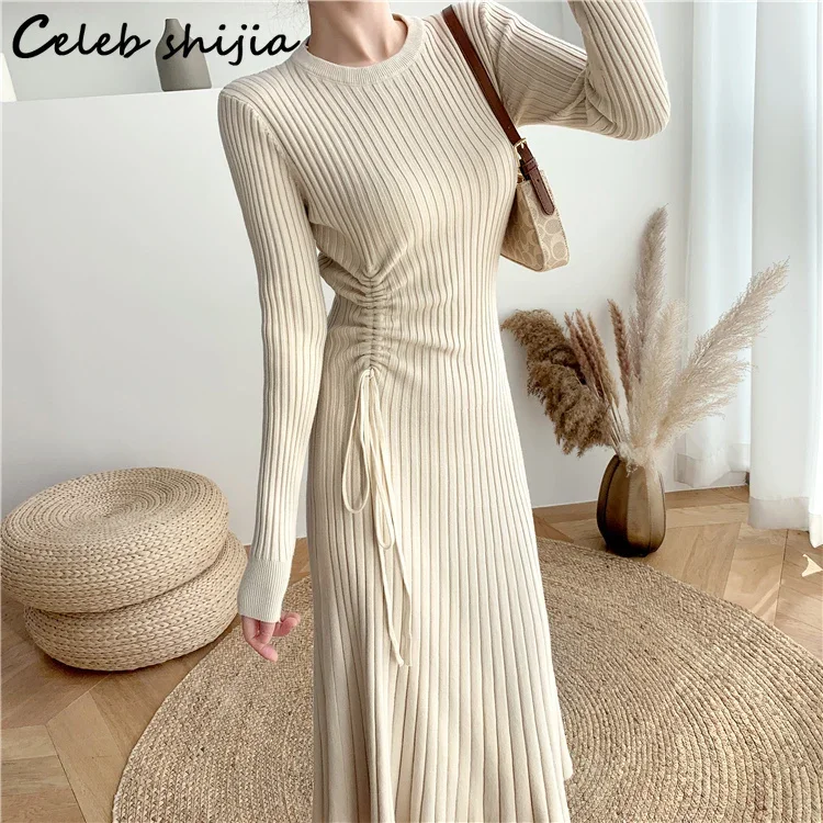 Chic Drawstring Long Knitted Dress Woman Winter Apricot O-neck Elegant Autumn Sweater Dress Vestido Korean Woolen Clothing XL