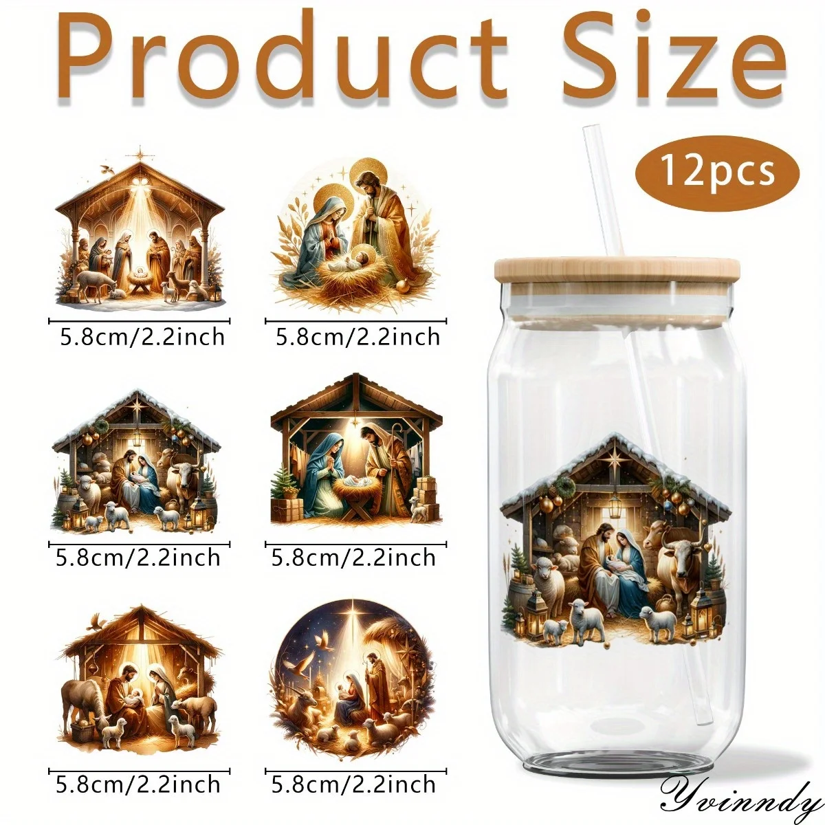 12Pcs/Set Christmas Nativity Scene DIY Glass Jar Packaging Stickers UV DTF High Self-Adhesive Transfer Paper