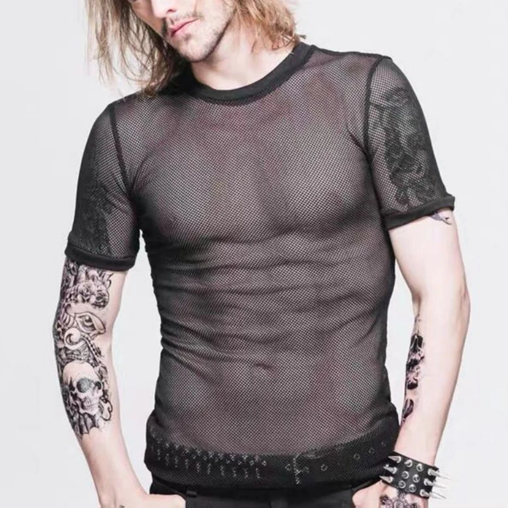 

2024 Summer New Men's Mesh O-neck Pullover Nightclub Hollow Perspective Short-sleeved T-shirt Top Slim-fit Transparent Underwear