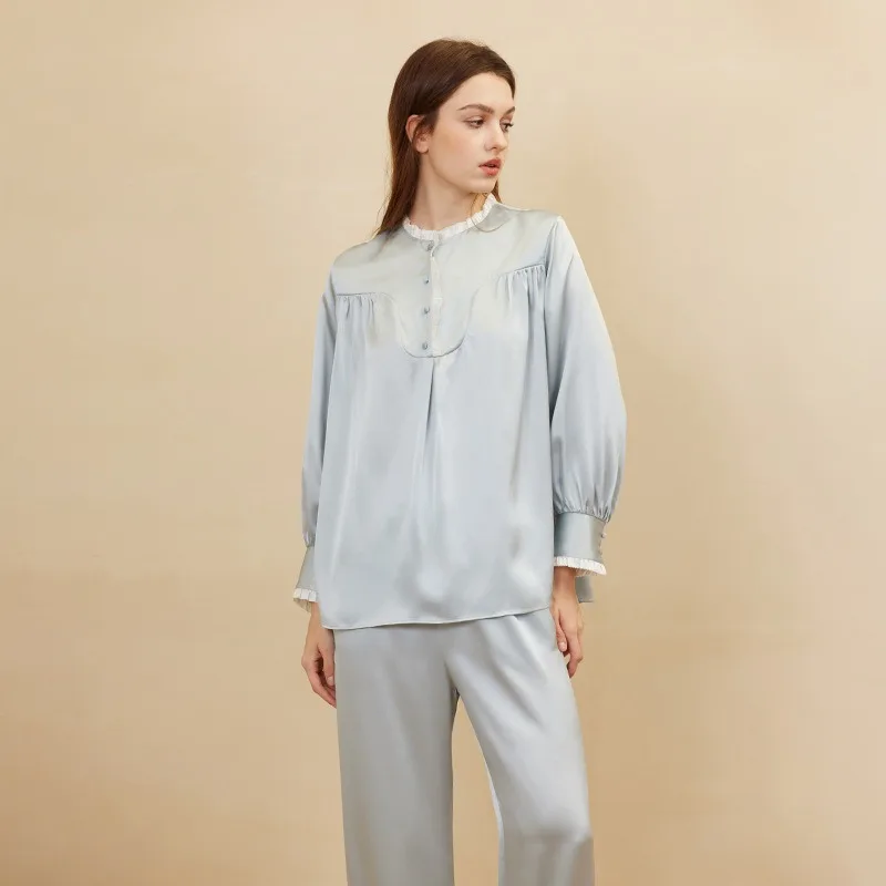 الراقية 100% التوت الحرير بيجامة مجموعة مع الرجعية الدانتيل الديكور المطرزة الخريف المتسكعون 2 قطعة مجموعات منامة