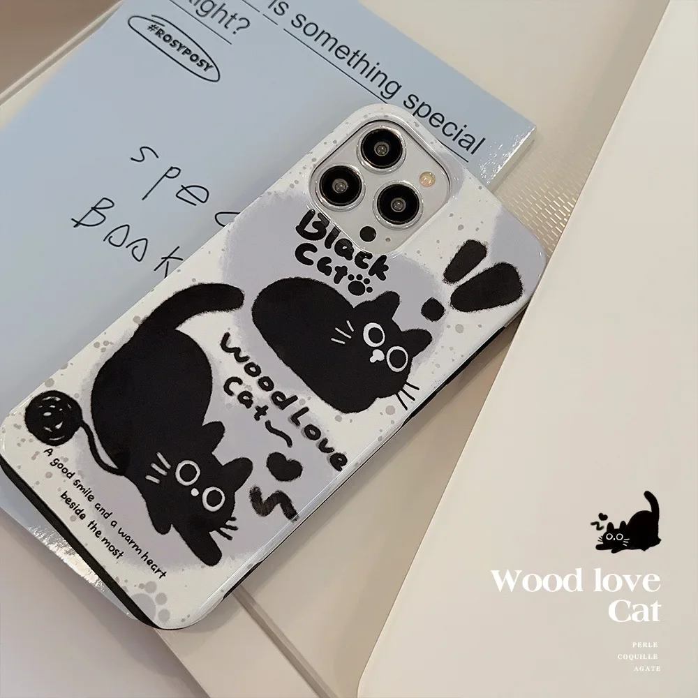 Retro Cute black cat wool ball art combinations Phone Case For iPhone 15 14 13 12 11 Pro Max 14 15 Plus Case cartoon funny Cover