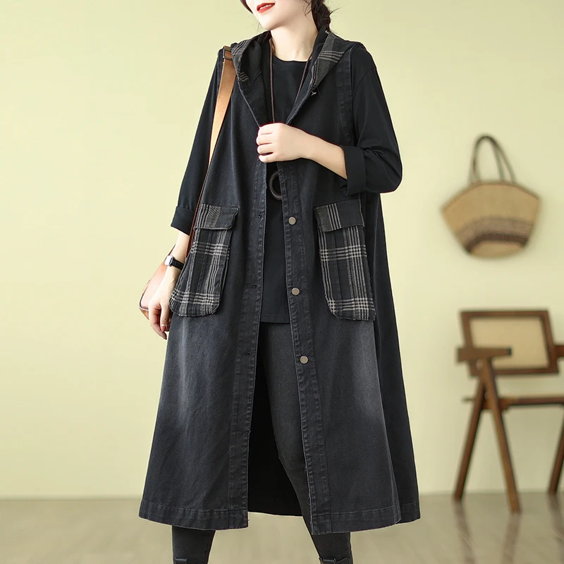 

#6885 Black Denim Sleeveless Jacket Women Loose Long Hooded Vest Coat Female Vintage Outerwear Vest Waistcoat Big Pockets Autumn