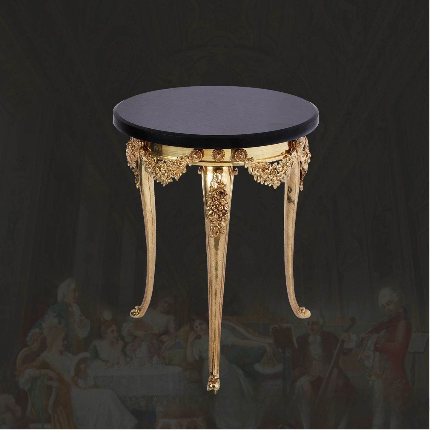 French retro, luxury villa living room, all copper marble edge table, decorative flower side table