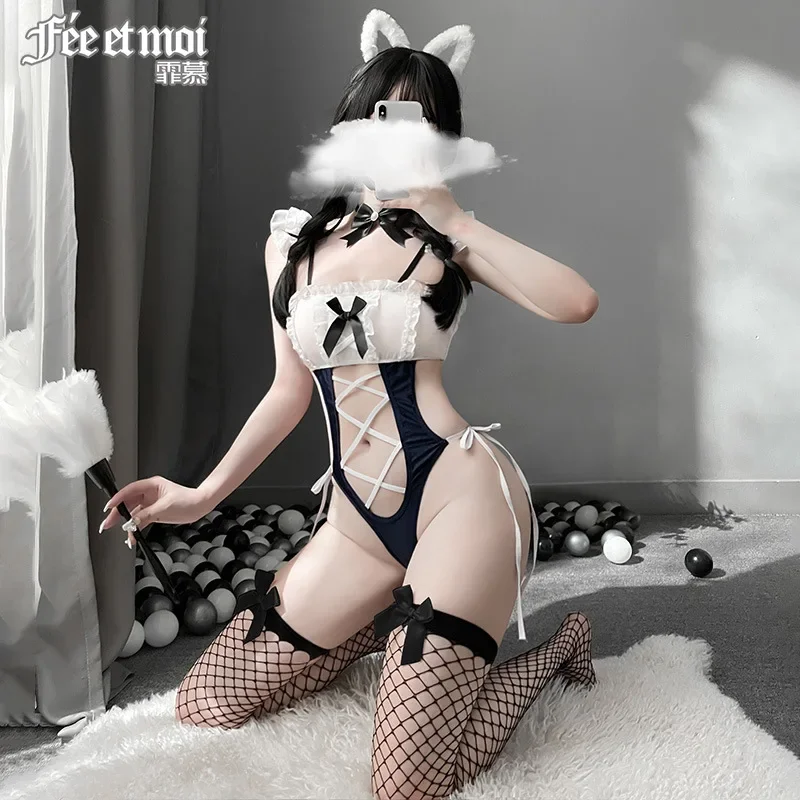 

New Sexy Maid Cosplay Costumes Bodysuit Blue White Kawaii Maids Lingerie Set Erotic Lace Outfit SM Porno Suit Women Underwear