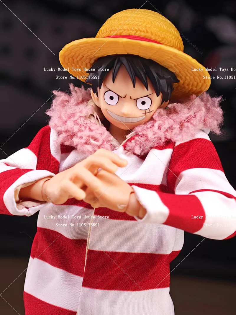 1/12 One Piece Luffy Fur Collar Red White Stripe Long Robe Coat Clothes Toys Ice Flame Island Scene Accessory For 6