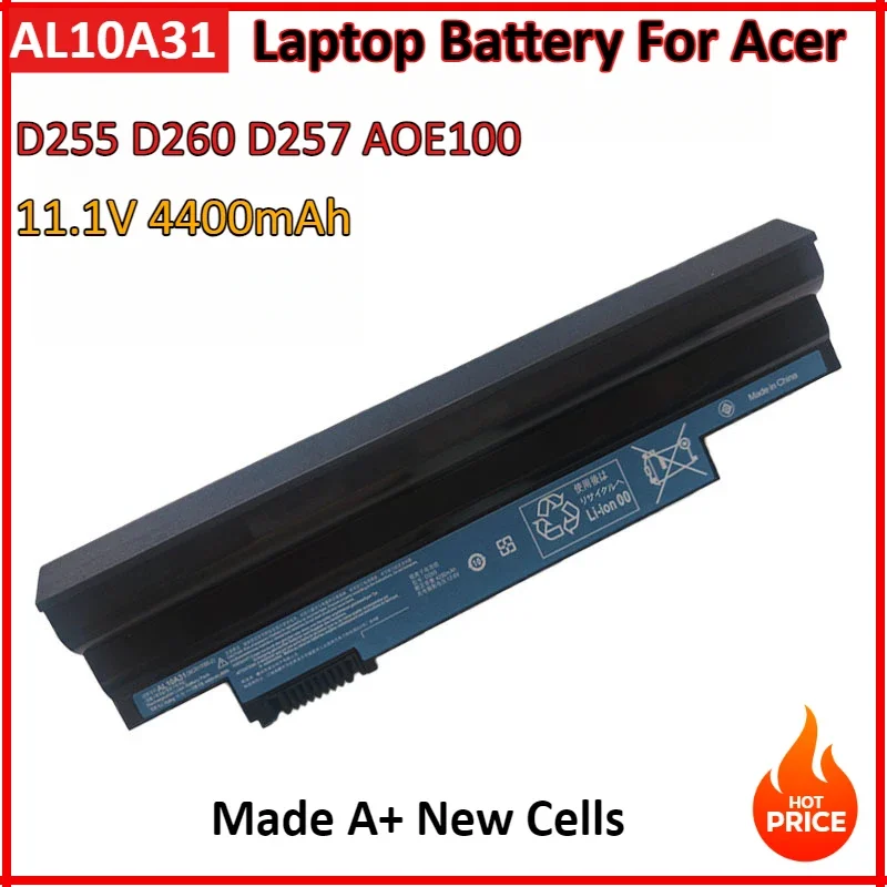 

11.1V 4400mAh AL10A31 Laptop Battery For Acer One 722 AO722 D257 D257E AL10G31 Netbook D260 D270 Happy, Chrome AC700 AL10B31