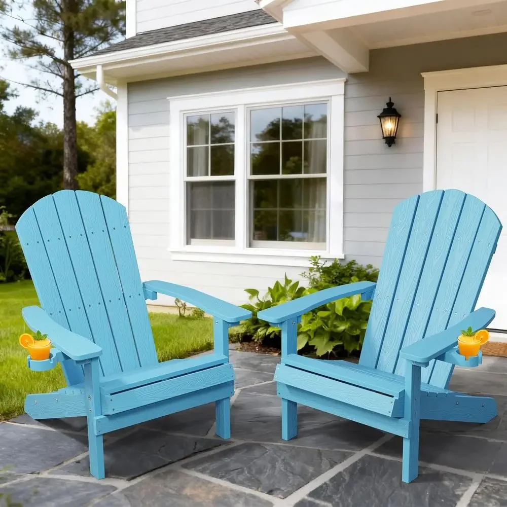 Weather-Resistant Outdoor Adirondack Chair in HIPS Plastic with Cup Holder and Wood Texture - Patio, Deck, Porch, Garden Furnitu