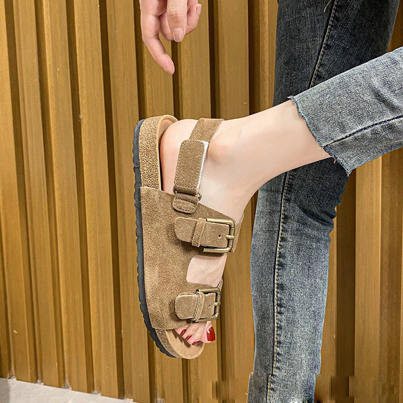 2023 Summer Women\'s Sandals Cow Suede Leather Cork Sandals Woman Two Buckle Outdoor Beach Sandals Girls Retro High Quality