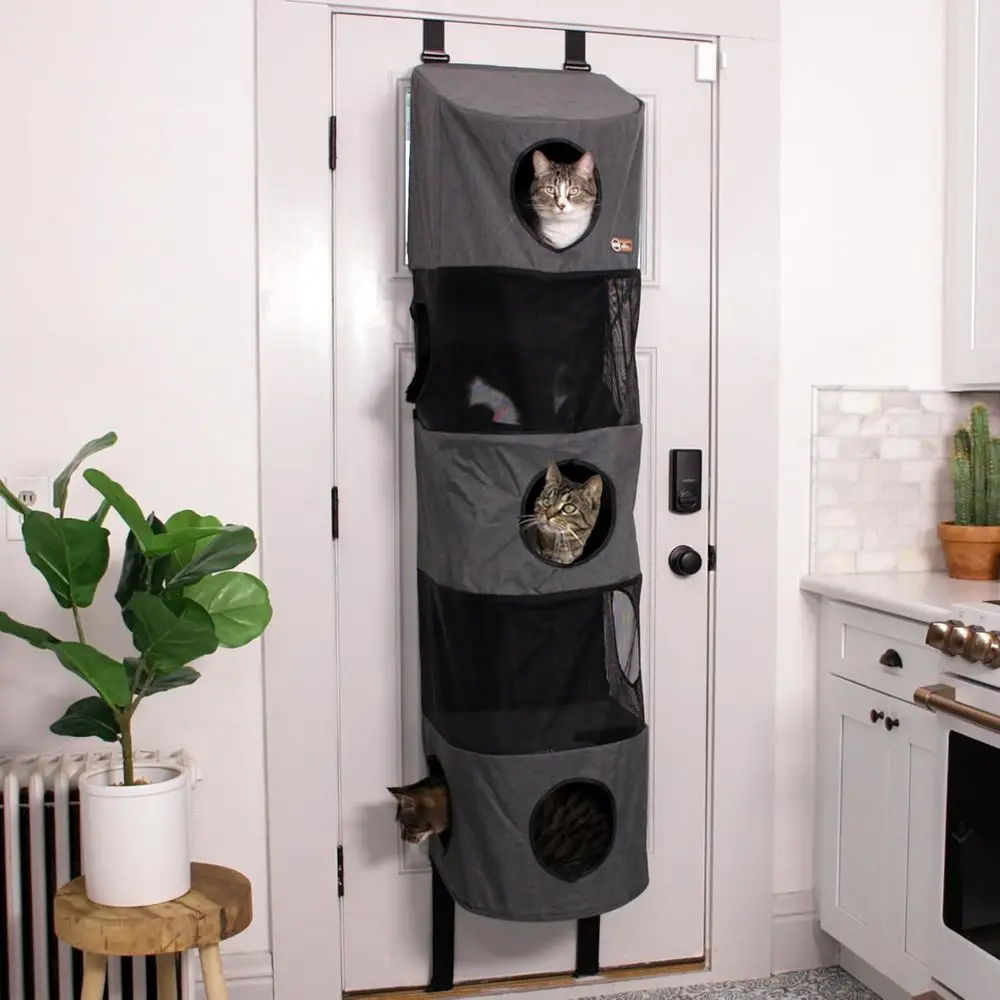 

K&H Pet Products Подвесная 5-уровневая лежанка-когтеточка для кошек на дверь, экономия места, сетчатые полки, смотровые окна, внутренние проходы