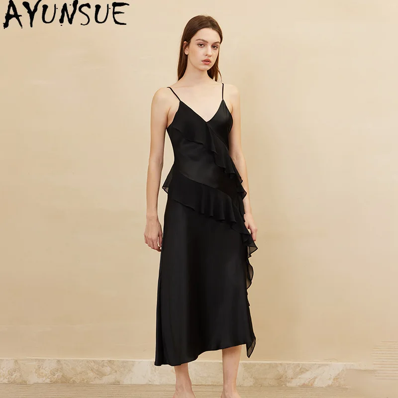 

AYUNSUE 19 мм, 100% натуральный шелк тутового шелкопряда, пижамная ночная сорочка для женщин 2026, сексуальная одежда для сна, летняя одежда, черное платье, уличная одежда