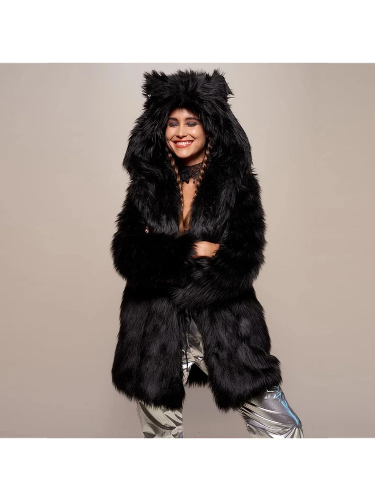 European American Winter Fashion Black Faux Fur Loose Simple Sweet Commuting Warm Comfortable Ears Hooded Leopard Print Coat