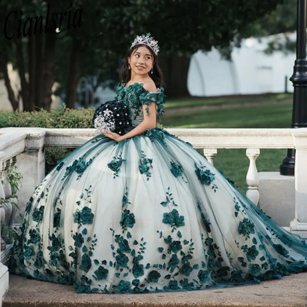 Vestidos De Quinceañera De encaje con apliques florales 3D, vestido De baile, corsé De hombros descubiertos, Verde