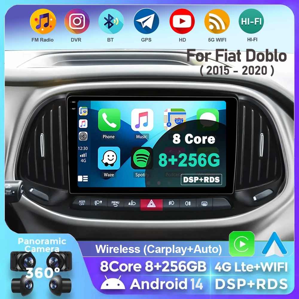 

Android 14 WIFI+4G Carplay Car Radio For Fiat Doblo 2015 2016 2017 2018 2019 2020 GPS Multimedia Video Player Stereo 360 Camera