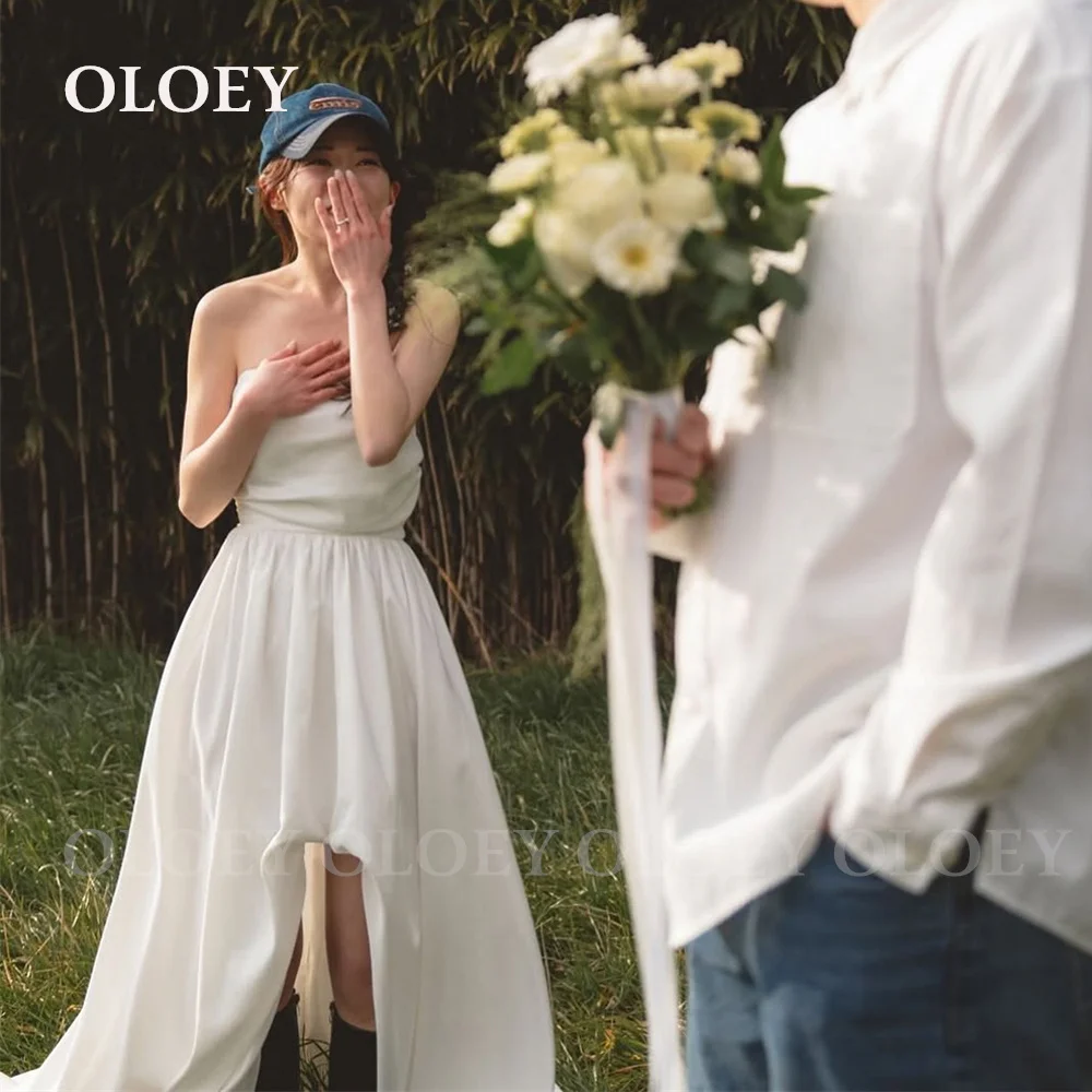 

OLOEY Simple Strapless Ivory Wedding Dress Korea Photo Shoot Pleats Soft Satin Bridal Gown Sleeveless Corset Customized