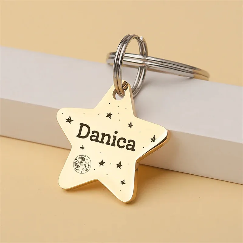 Personalize Star Shape Pet Tag With Keyring Stainless Steel Dog Name Phone Plate Steel Pendant Jewelry Making Accessories