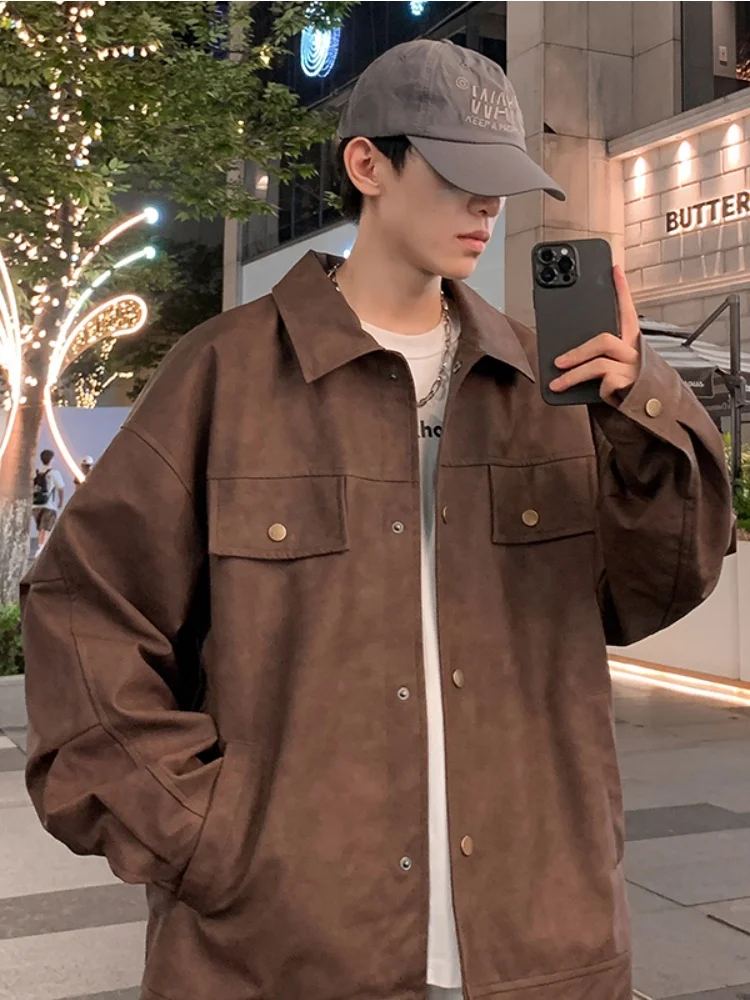 

Мужская куртка из искусственной кожи в американском ретро-стиле, весенне-осенняя, с отложным воротником, модная верхняя одежда, ветрозащитная, с длинными рукавами