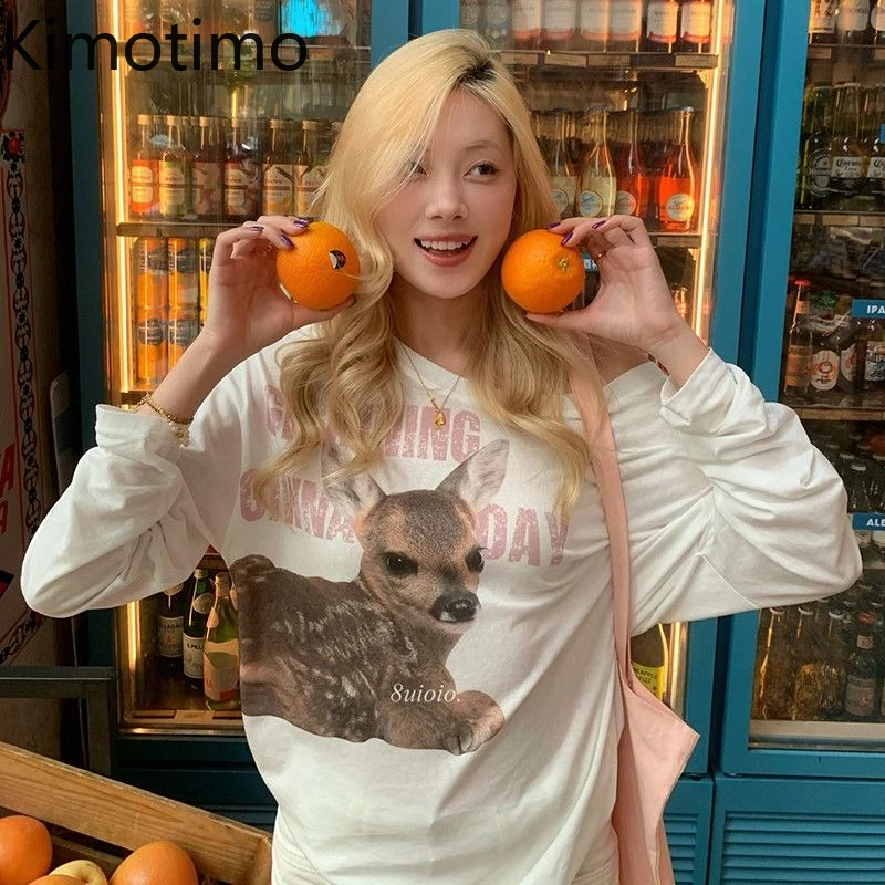 Kimotimo Fashion Deer Letter Printed Long Sleeve T-shirt Women Autumn New Loose Thin Tops Y2k Aesthetic Casual Streetwear Tees