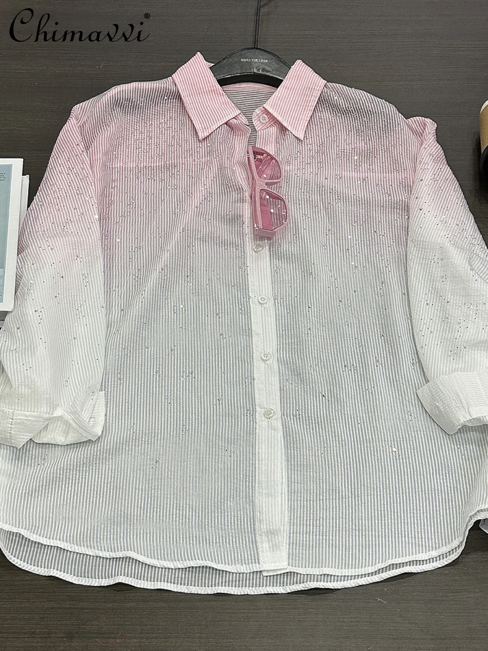 2025 Summer Heavy New Hot Diamond Gradual Change Color Long-sleeved Shirt Women's Fashion Loose Casual Style Long Blouse Top