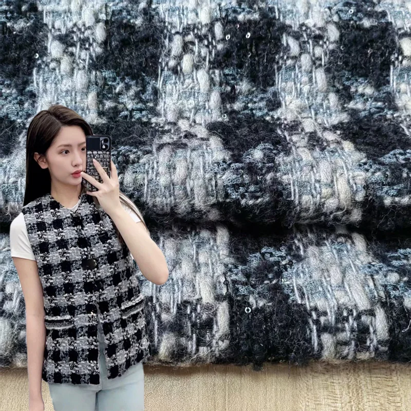 

Черно-серая решетчатая плетеная шерстяная твидовая ткань для женщин, осенняя куртка, костюм, пальто, материал для шитья своими руками