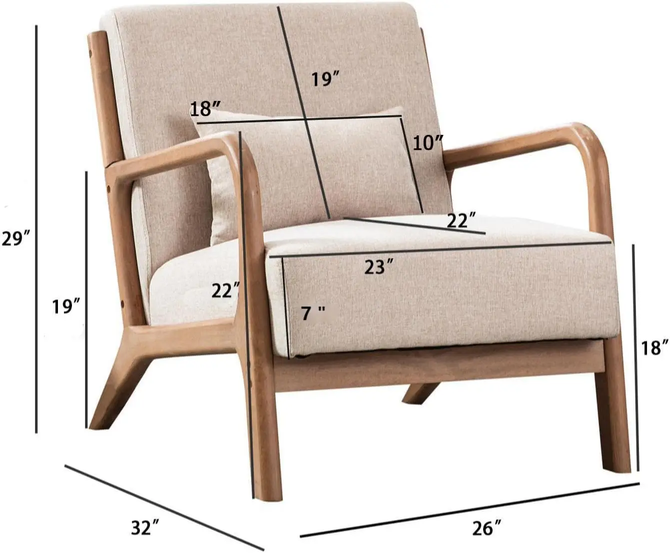 Mid Century Modern Accent Chair with Wood Frame, Upholstered Living Room Chairs with Waist Cushion, Reading Armchair for B