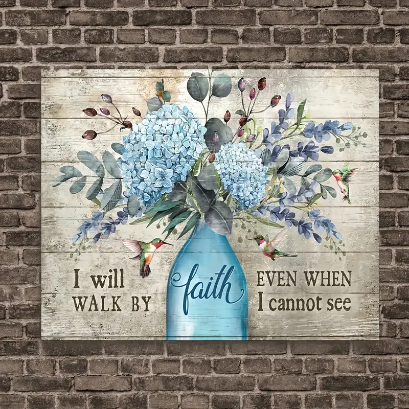 1pc No Framed Canvas Painting Landscape - Blue Hydrangea, Flower Vase, Hummingbird Landscape Canvas - Gift For Christian - I