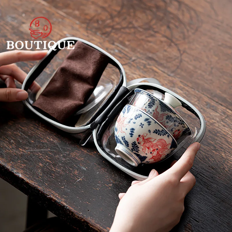 Elegant Outdoor Portable Travel Tea Set Blue White Glaze Hand Painted Red Fish Lotus Kung Fu Tea Set 1pot 2cups Express Cup