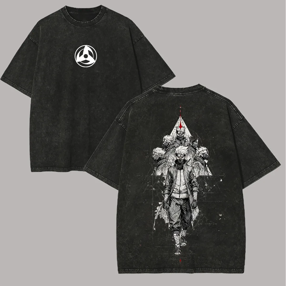 Naruto Kakashi T-Shirt Kamui Sharingan Vintage Acid Wash Streetwear Übergroßes Retro Anime Grafik Herren T-Shirt Baumwollkleidung