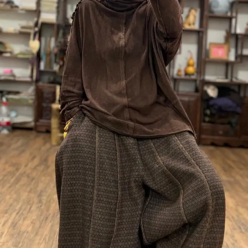 الخريف الشتاء الفنون نمط المرأة طويلة الأكمام فضفاضة الياقة المدورة القمم تيز الإناث عادية المرقعة تصميم تي شيرت جودة عالية F129 #2