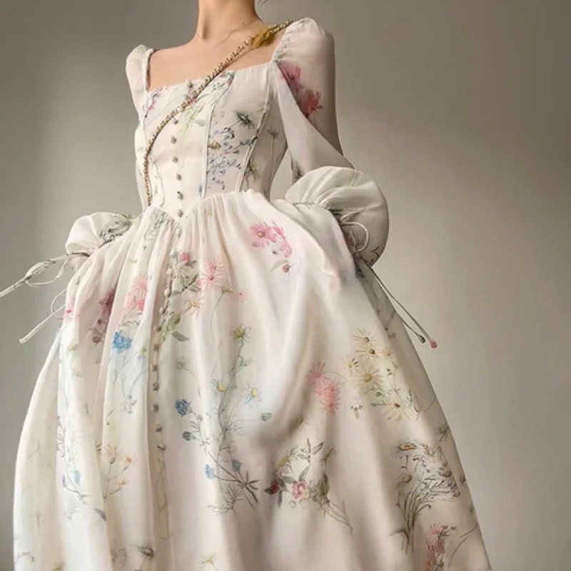 Vestido francês longo para festa, primeiro amor, fada, chá, flor da floresta, osso de peixe da chuva, impressão fina, primavera, novo