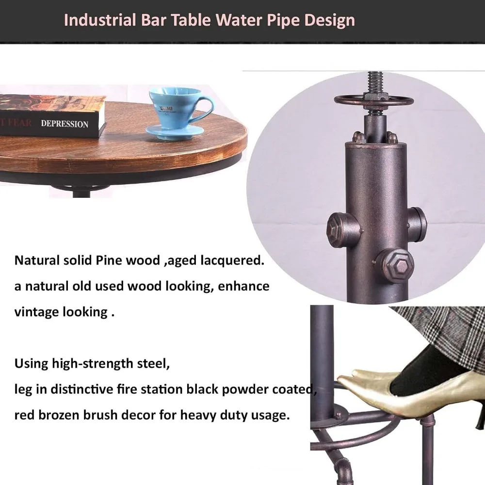 Meja Bar Gaya Industrial dengan Ketinggian yang Dapat Disesuaikan 31.5-41.3 untuk Penggunaan di Dapur, Ruang Makan, dan Bistro dengan Finishing Perunggu