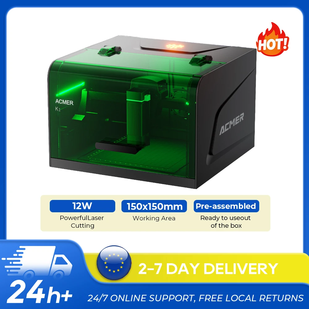 Machine de gravure et de découpe laser portable ACMER K1, mini CNC haute précision, marquage de logo avec ventilateur d'extraction, machine pour débutants