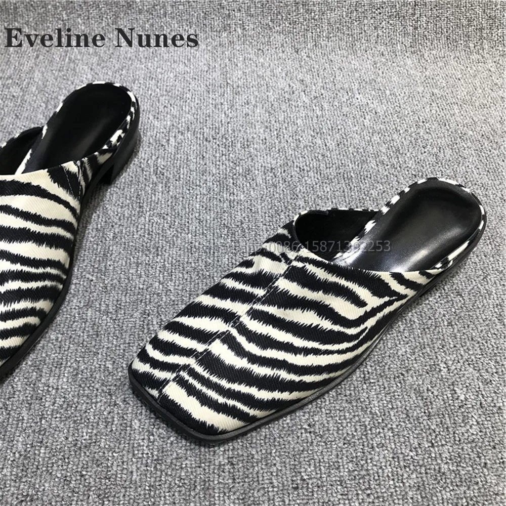 Zebra Pattern Slip On Mules Square Toe Chunky Heels Slingback Patchwork Women Slides Sexy Casual Party Shoes 2024 Newest Trend