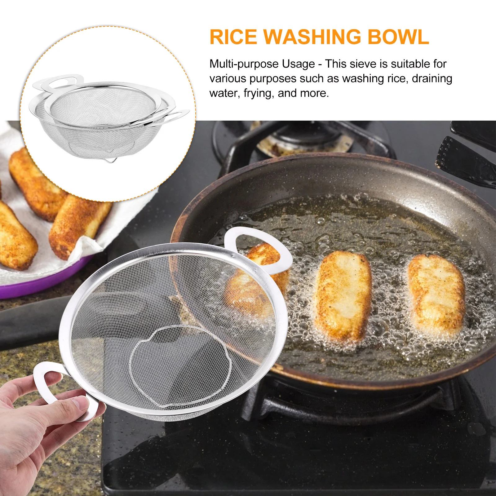 

2pcs Double-Handled Stainless Steel Colander Fine Mesh Strainer Bowl For Rice Fruit Vegetable Washer Sifter Kitchen Sieve Basin