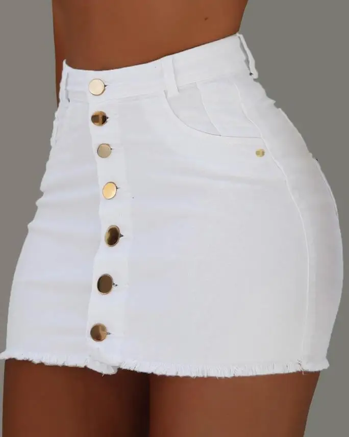 Sexy Skirt for Woman Spring Summer 2023 Plain Button Fly Raw Hem Mini Skinny Female Denim Skirt