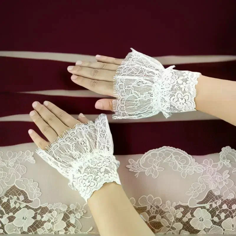 Manset Lengan Wanita Imitasi dengan Rumbai Pendek, Lipit Putih dan Hitam, Aksesoris Renda Cantik, Hiasan Luar Ruangan