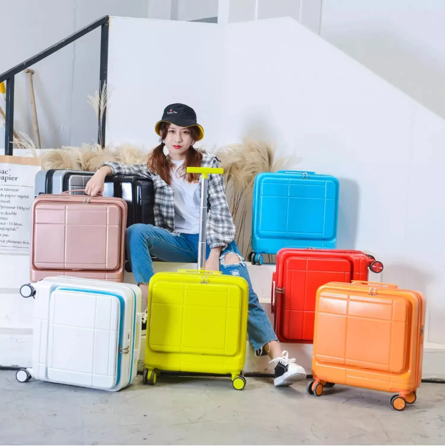 Business 18 Inch Set of Computer Trolley Case Front Opening Luggage Suitcase Girl Small Boarding Code 360° Spinner Wheel