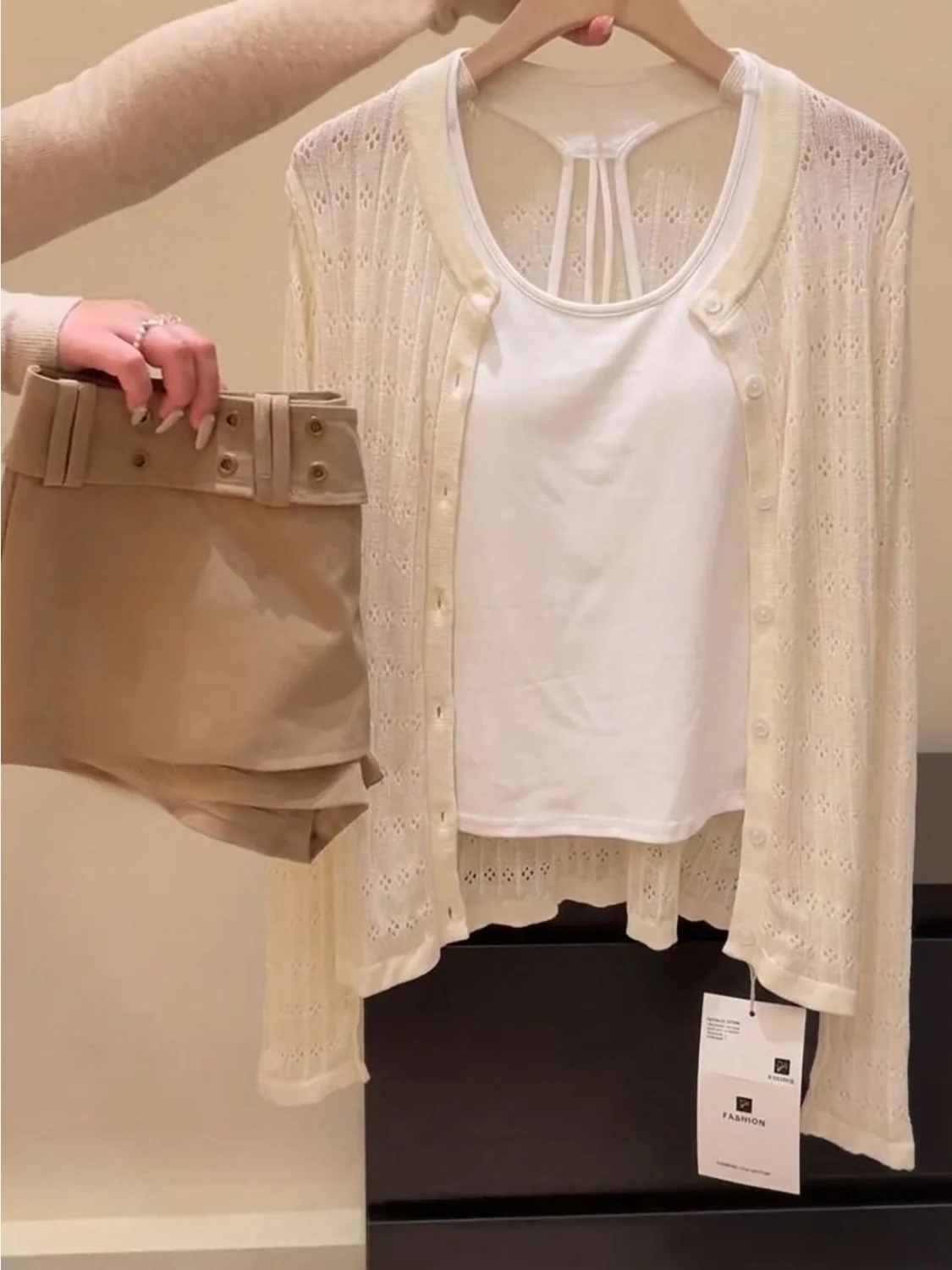 White Knitted Hollow out Cardigan Three Piece Set Commuter Style Slimming Sun Protection Cover up Women's Fashion Set
