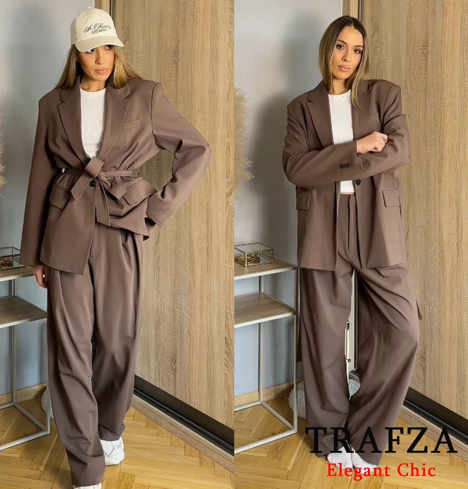 

TRAFZA Women Brown Belted Blazer Set Vintage Blazer + Casual Pant Suit New 2025 Spring Fashion Commuter High Street Female Suit