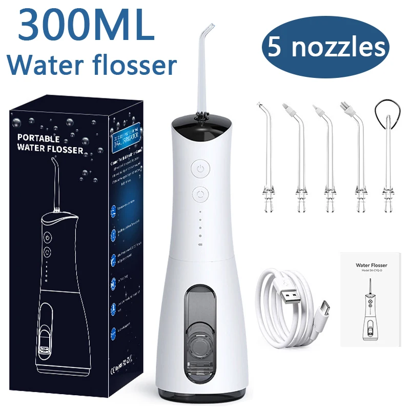 

Electric Portable Water Flosser For Teeth Oral Irrigator Dental clean USB Rechargeable 4 Modes 5 Nozzles IPX7 Waterproof 300ML