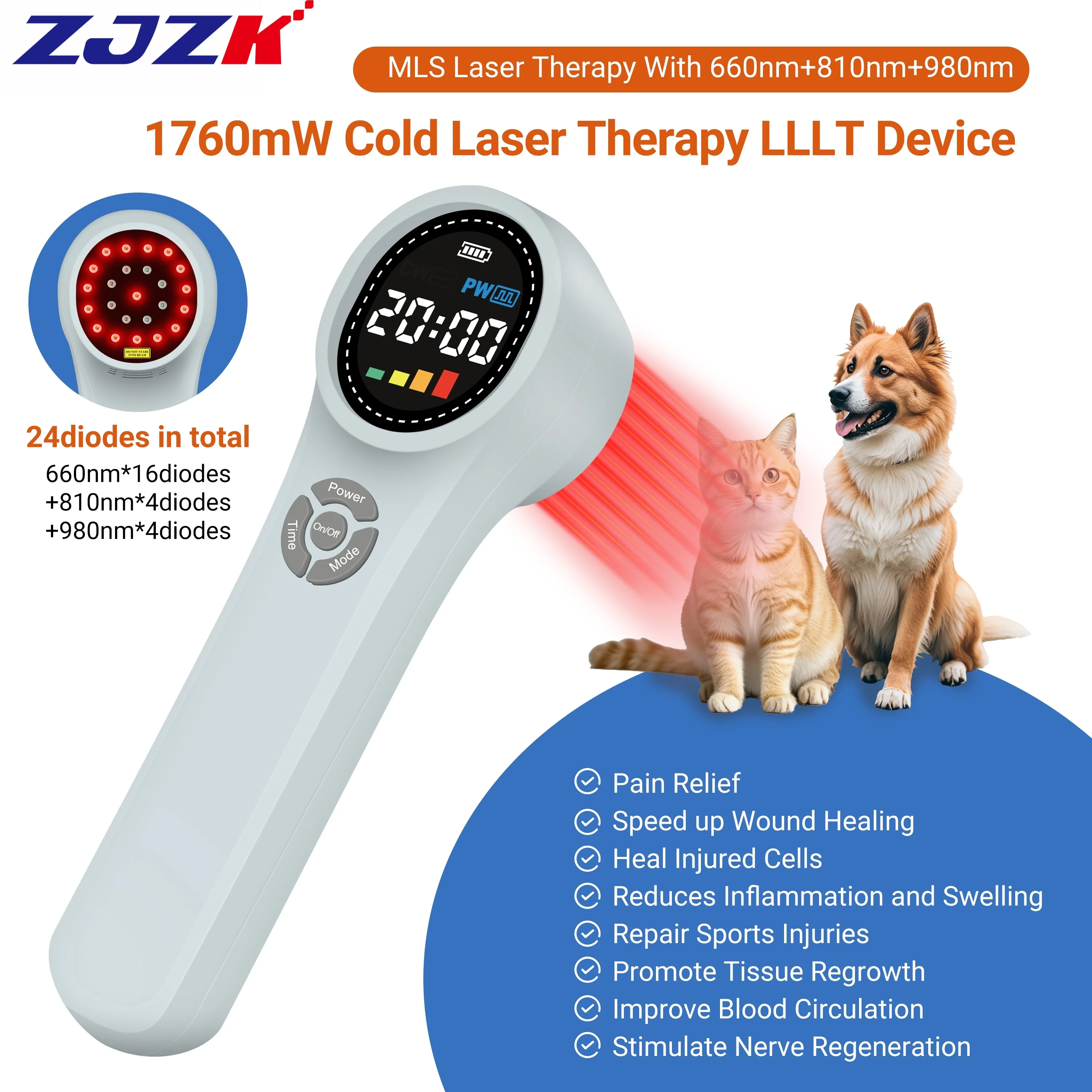 

ZJZK Cold Laser Therapy Device Red Light Treatment Equipment for Arthritis Pain Relief 980nm 808nm 660nm for Human & Pets