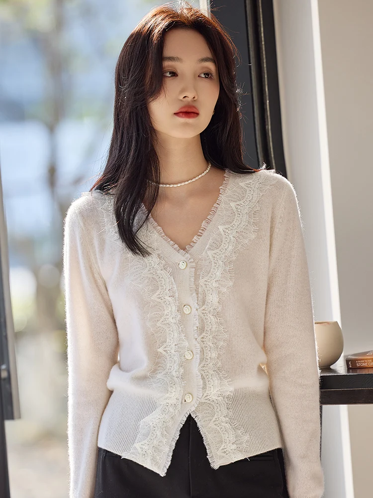 Suéter de lana merina 100% de moda, cárdigan de lana elegante para mujer, cárdigan básico de punto de manga larga con cuello en V.